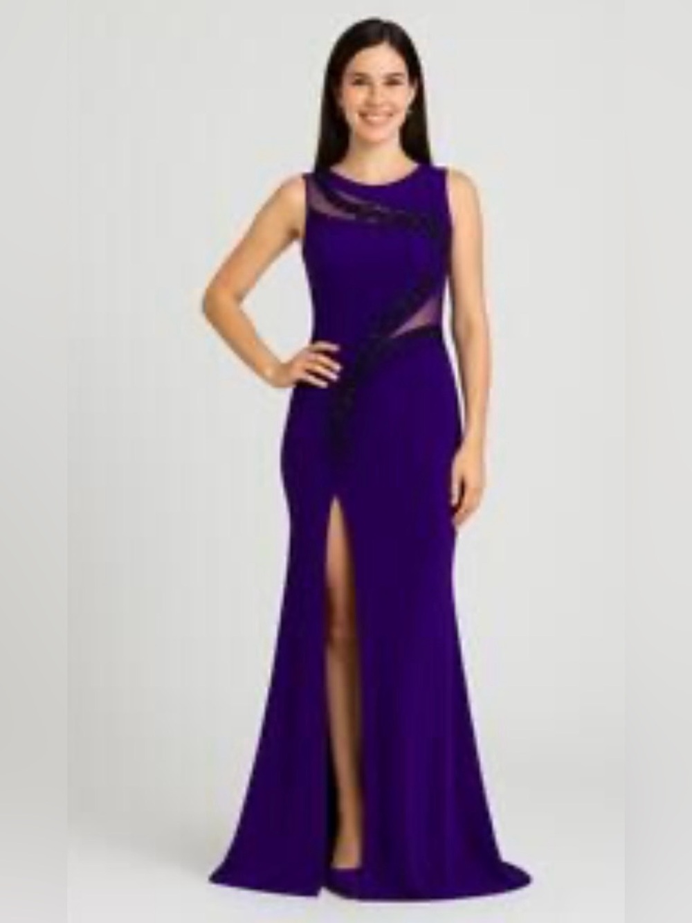 MADISON JAMES Purple Mesh Black Jewelled Slit Glam Formal Dress Gown Size Small